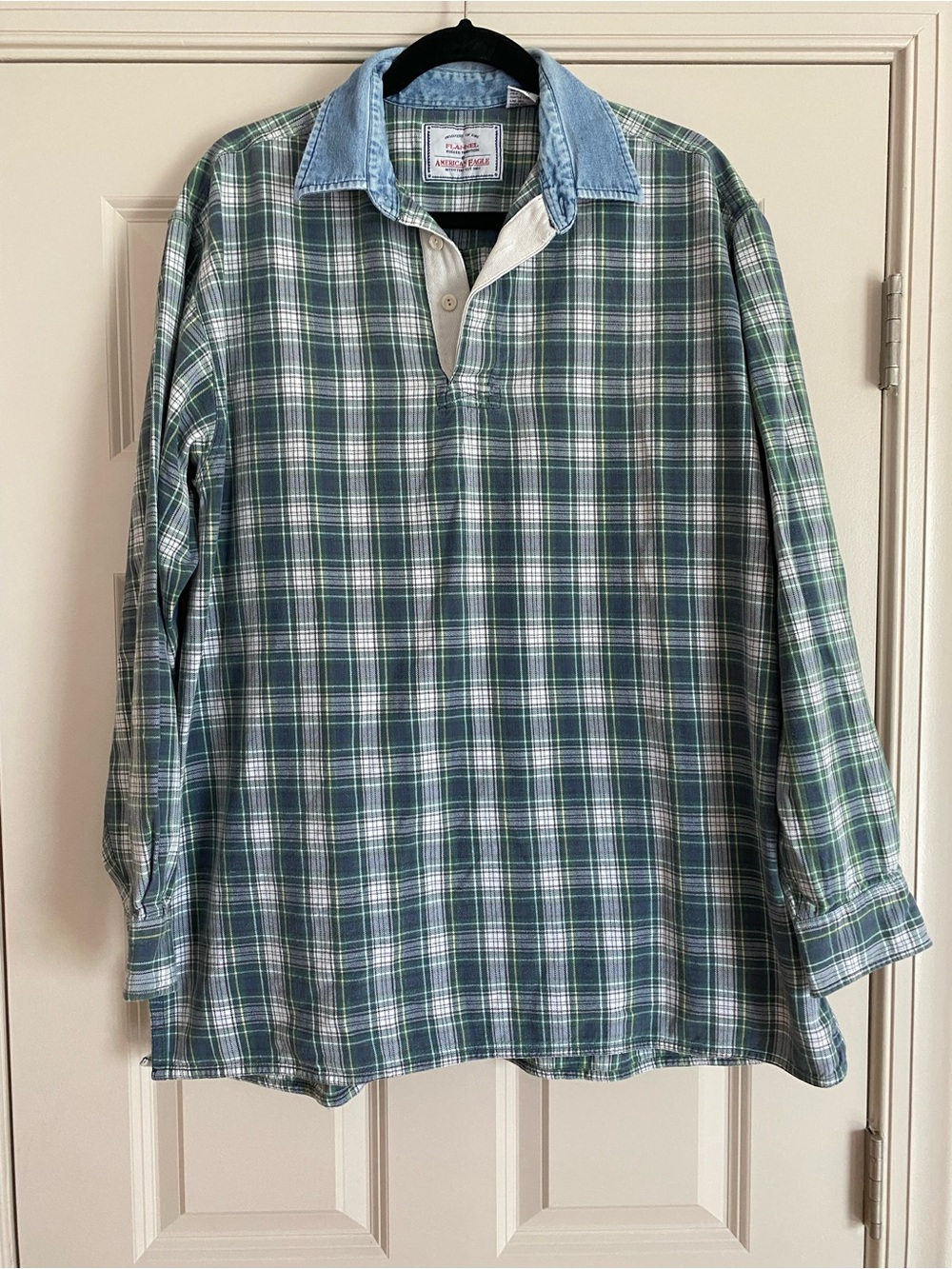 AEO L 80s 90s Full House Vibes Blue Green Plaid Denim Collar Long Sleeve Flannel